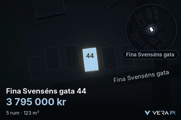VERA PI's image of Fina Svenséns gata 44: the building in 3D, lit in blue, and the map around it