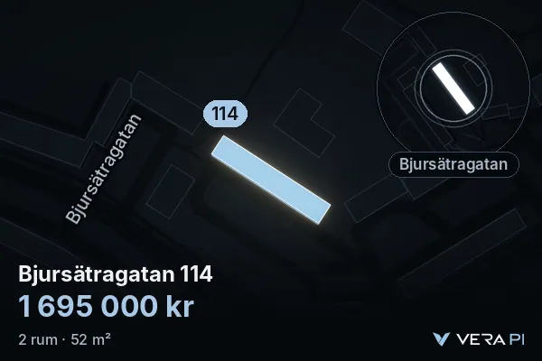 VERA PI's image of Bjursätragatan 114: the building in 3D, lit in blue, and the map around it