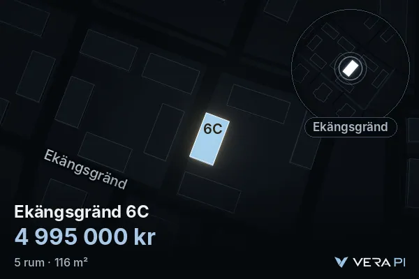VERA PI's image of Ekängsgränd 6C: the building in 3D, lit in blue, and the map around it