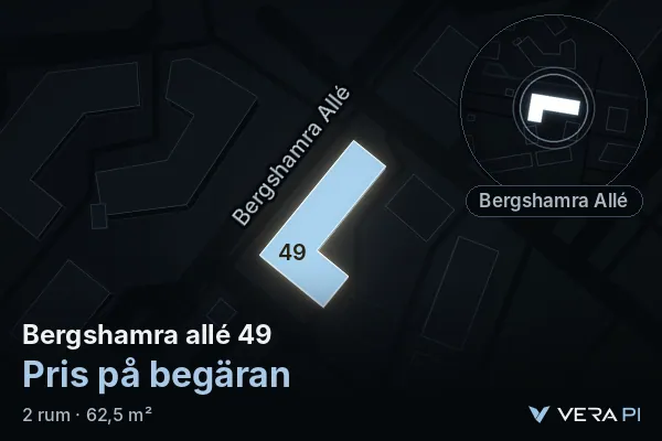 VERA PI:s bild av Bergshamra allé 49: huset i 3D, upplyst i blått, och kartan runt omkring