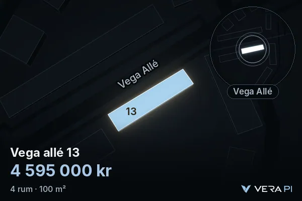 VERA PI:s bild av Vega allé 13: huset i 3D, upplyst i blått, och kartan runt omkring