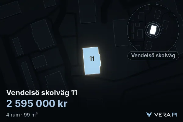 VERA PI's image of Vendelsö skolväg 11: the building in 3D, lit in blue, and the map around it