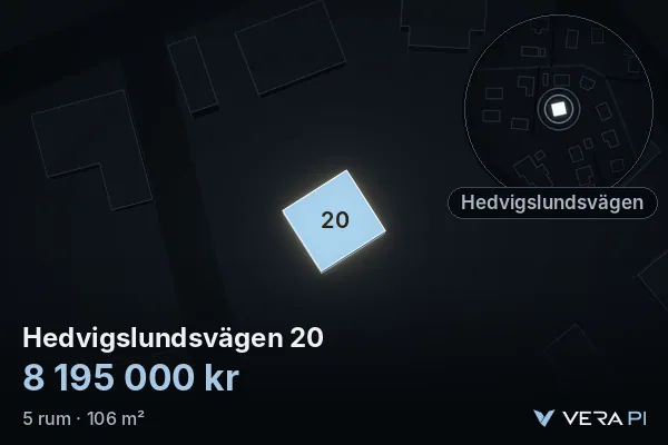 VERA PI:s bild av Hedvigslundsvägen 20: huset i 3D, upplyst i blått, och kartan runt omkring