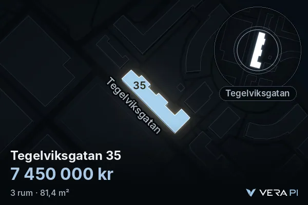 VERA PI's image of Tegelviksgatan 35: the building in 3D, lit in blue, and the map around it