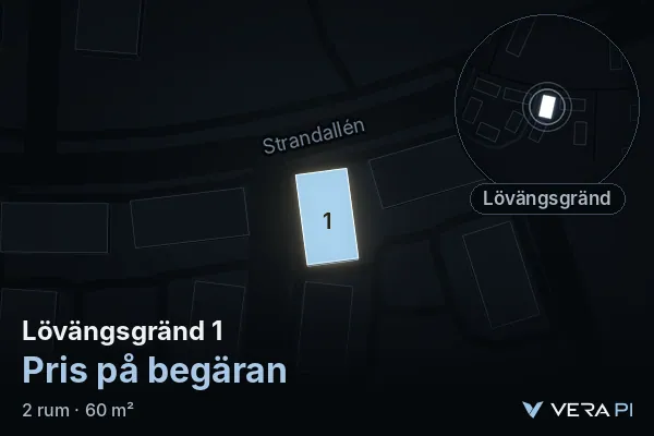 VERA PI:s bild av Lövängsgränd 1: huset i 3D, upplyst i blått, och kartan runt omkring