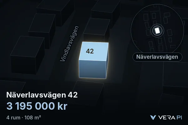 VERA PI's image of Näverlavsvägen 42: the building in 3D, lit in blue, and the map around it