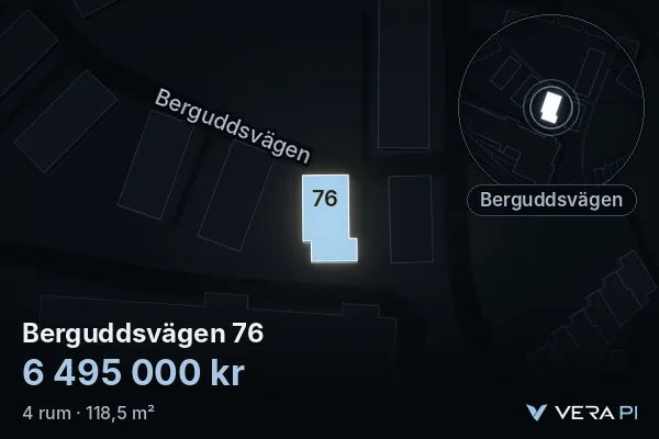VERA PI:s bild av Berguddsvägen 76: huset i 3D, upplyst i blått, och kartan runt omkring