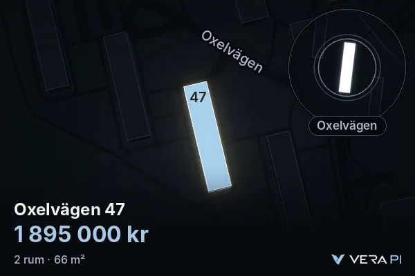 VERA PI:s bild av Oxelvägen 47: huset i 3D, upplyst i blått, och kartan runt omkring