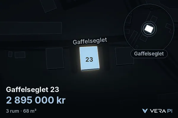 VERA PI:s bild av Gaffelseglet 23: huset i 3D, upplyst i blått, och kartan runt omkring
