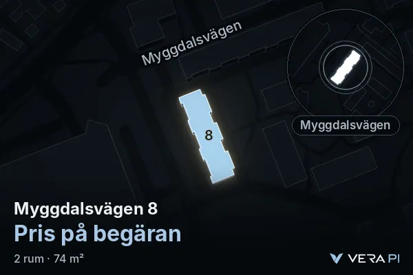 VERA PI:s bild av Myggdalsvägen 8: huset i 3D, upplyst i blått, och kartan runt omkring