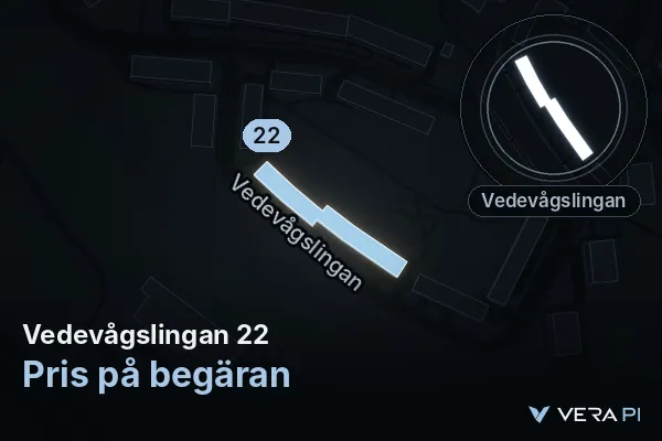 VERA PI's image of Vedevågslingan 22: the building in 3D, lit in blue, and the map around it