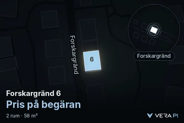 VERA PI:s bild av Forskargränd 6: huset i 3D, upplyst i blått, och kartan runt omkring