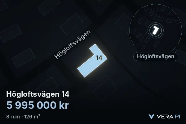 VERA PI's image of Högloftsvägen 14: the building in 3D, lit in blue, and the map around it