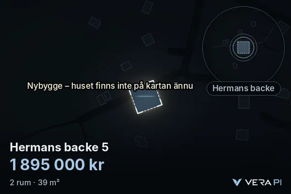 VERA PI:s bild av Hermans backe 5: huset i 3D, upplyst i blått, och kartan runt omkring