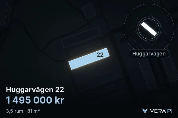 VERA PI:s bild av Huggarvägen 22: huset i 3D, upplyst i blått, och kartan runt omkring