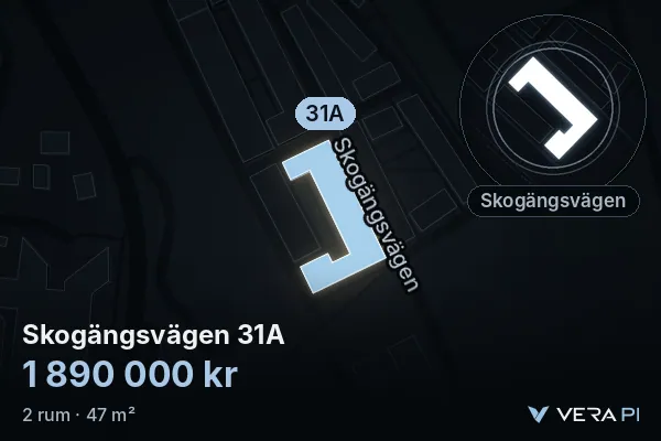 VERA PI:s bild av Skogängsvägen 31A: huset i 3D, upplyst i blått, och kartan runt omkring