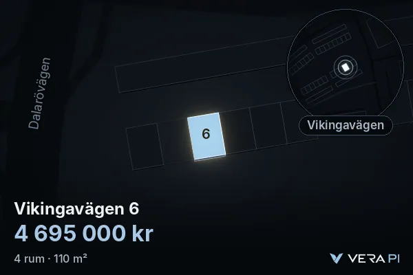 VERA PI:s bild av Vikingavägen 6: huset i 3D, upplyst i blått, och kartan runt omkring