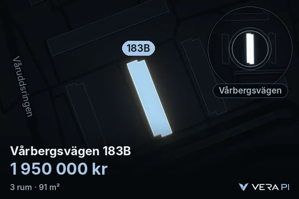 VERA PI:s bild av Vårbergsvägen 183B: huset i 3D, upplyst i blått, och kartan runt omkring
