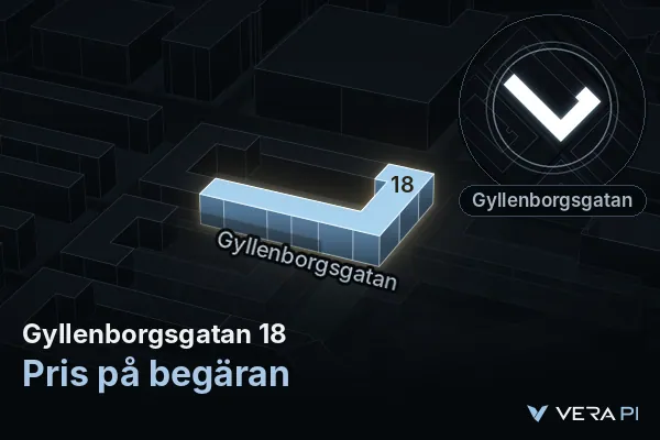 VERA PI:s bild av Gyllenborgsgatan 18: huset i 3D, upplyst i blått, och kartan runt omkring