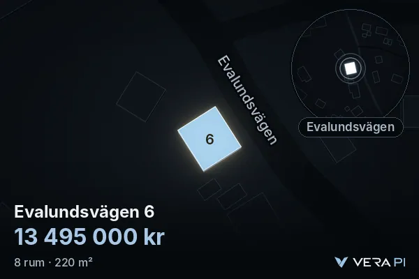 VERA PI:s bild av Evalundsvägen 6: huset i 3D, upplyst i blått, och kartan runt omkring