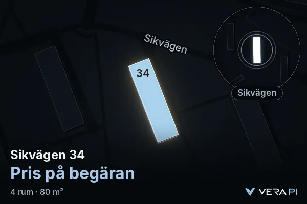 VERA PI:s bild av Sikvägen 34: huset i 3D, upplyst i blått, och kartan runt omkring