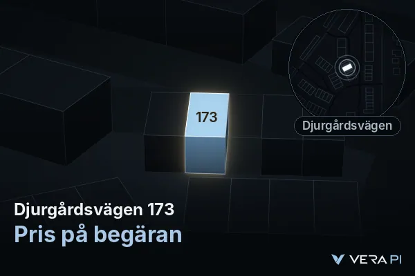 VERA PI:s bild av Djurgårdsvägen 173: huset i 3D, upplyst i blått, och kartan runt omkring