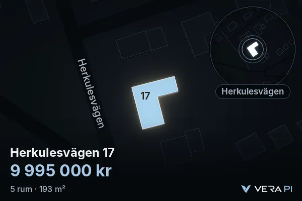 VERA PI's image of Herkulesvägen 17: the building in 3D, lit in blue, and the map around it