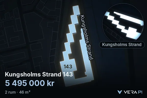 VERA PI:s bild av Kungsholms Strand 143: huset i 3D, upplyst i blått, och kartan runt omkring