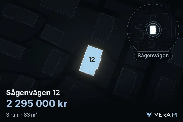 VERA PI's image of Sågenvägen 12: the building in 3D, lit in blue, and the map around it