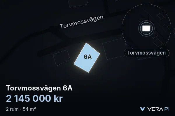 VERA PI's image of Torvmossvägen 6A: the building in 3D, lit in blue, and the map around it
