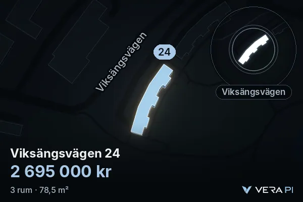 VERA PI's image of Viksängsvägen 24: the building in 3D, lit in blue, and the map around it