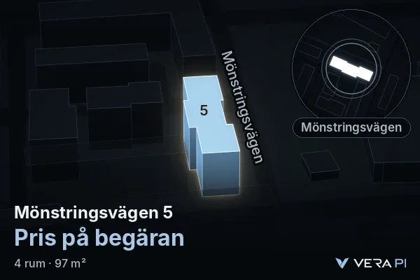 VERA PI's image of Mönstringsvägen 5: the building in 3D, lit in blue, and the map around it