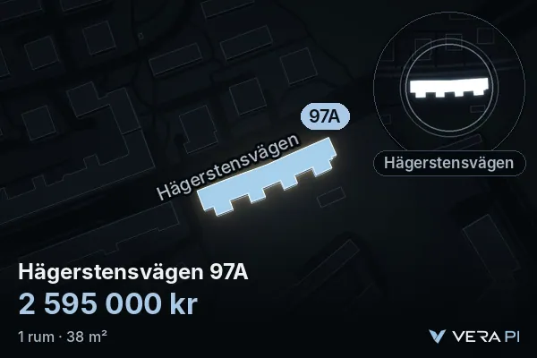 VERA PI:s bild av Hägerstensvägen 97A: huset i 3D, upplyst i blått, och kartan runt omkring
