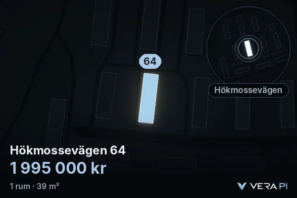 VERA PI's image of Hökmossevägen 64: the building in 3D, lit in blue, and the map around it