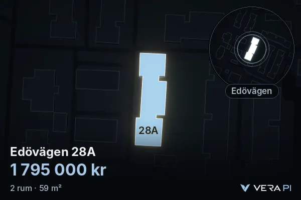 VERA PI:s bild av Edövägen 28A: huset i 3D, upplyst i blått, och kartan runt omkring