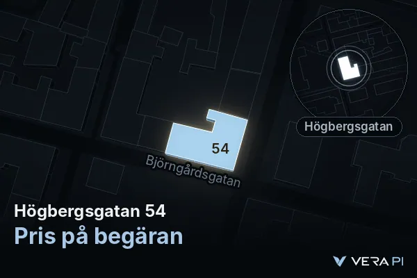 VERA PI's image of Högbergsgatan 54: the building in 3D, lit in blue, and the map around it