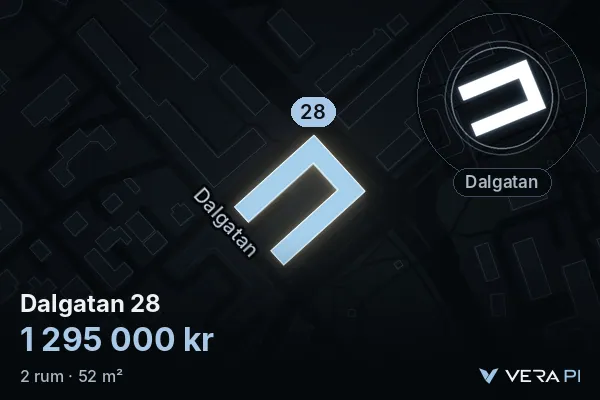 VERA PI's image of Dalgatan 28: the building in 3D, lit in blue, and the map around it