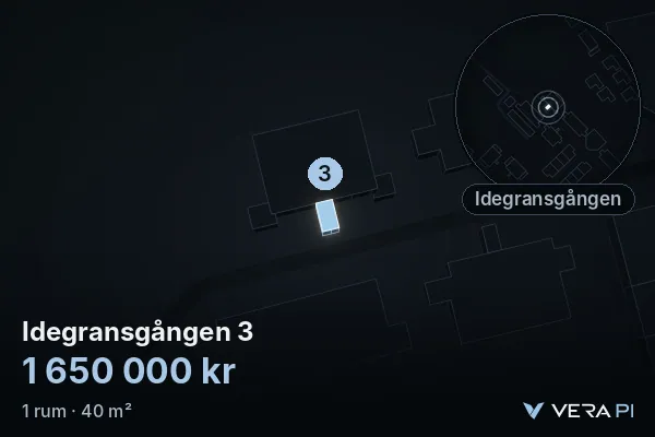 VERA PI's image of Idegransgången 3: the building in 3D, lit in blue, and the map around it