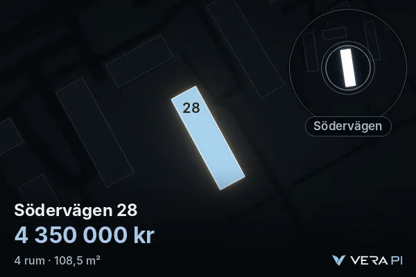 VERA PI:s bild av Södervägen 28: huset i 3D, upplyst i blått, och kartan runt omkring