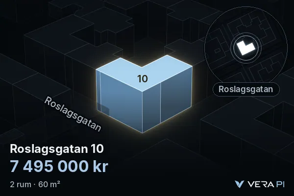 VERA PI:s bild av Roslagsgatan 10: huset i 3D, upplyst i blått, och kartan runt omkring