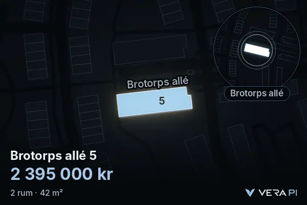 VERA PI:s bild av Brotorps allé 5: huset i 3D, upplyst i blått, och kartan runt omkring