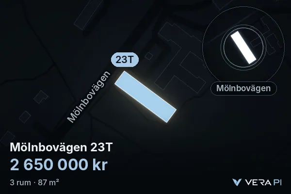 VERA PI's image of Mölnbovägen 23T: the building in 3D, lit in blue, and the map around it