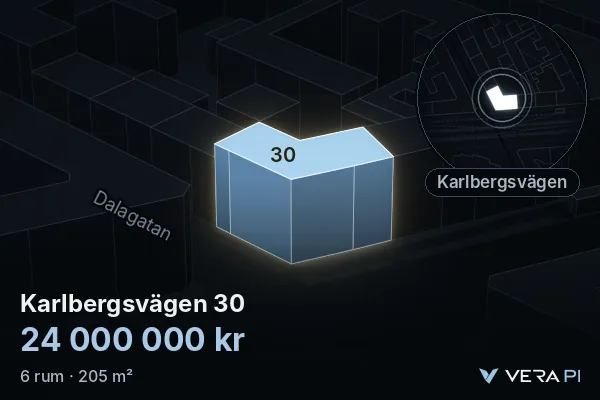 VERA PI:s bild av Karlbergsvägen 30: huset i 3D, upplyst i blått, och kartan runt omkring