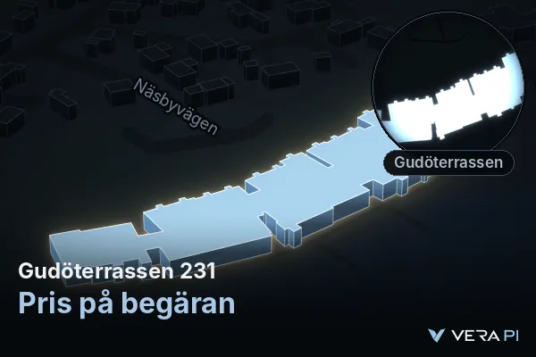 VERA PI:s bild av Gudöterrassen 231: huset i 3D, upplyst i blått, och kartan runt omkring