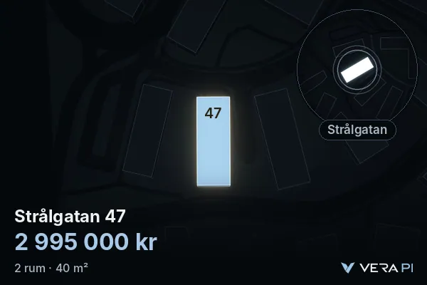 VERA PI:s bild av Strålgatan 47: huset i 3D, upplyst i blått, och kartan runt omkring