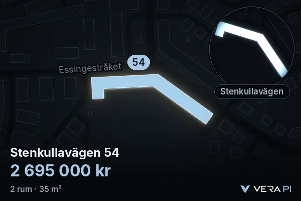 VERA PI:s bild av Stenkullavägen 54: huset i 3D, upplyst i blått, och kartan runt omkring