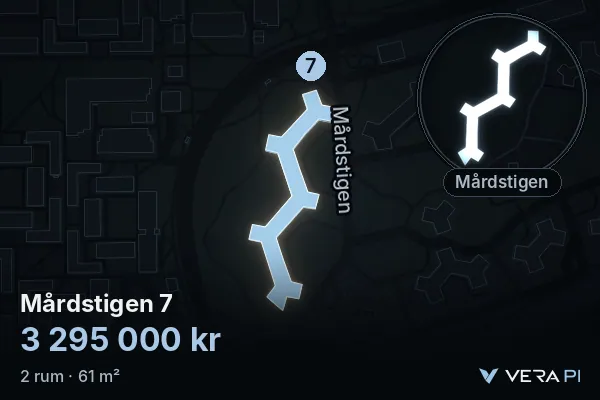 VERA PI's image of Mårdstigen 7: the building in 3D, lit in blue, and the map around it