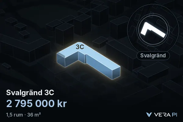 VERA PI:s bild av Svalgränd 3C: huset i 3D, upplyst i blått, och kartan runt omkring
