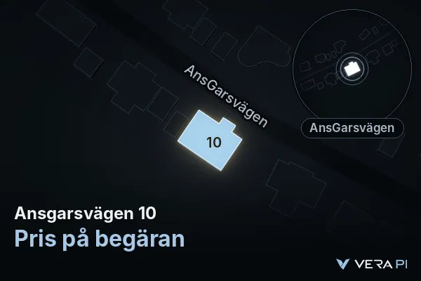 VERA PI's image of Ansgarsvägen 10: the building in 3D, lit in blue, and the map around it