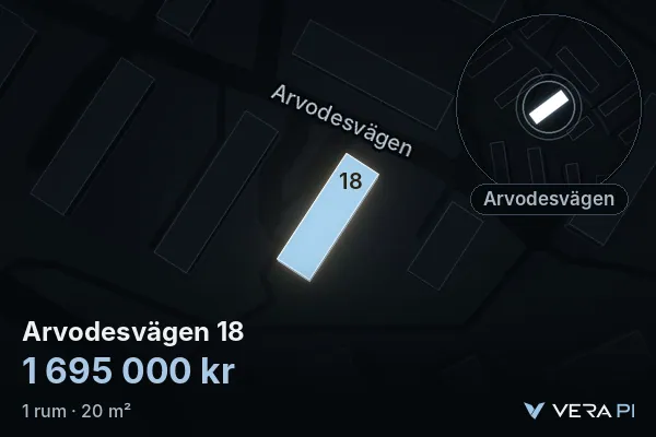 VERA PI:s bild av Arvodesvägen 18: huset i 3D, upplyst i blått, och kartan runt omkring